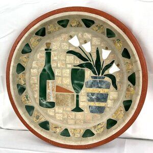 Mosaic Glass Terra Cotta Serving Plate Bowl Wine with Vase Hand Signed